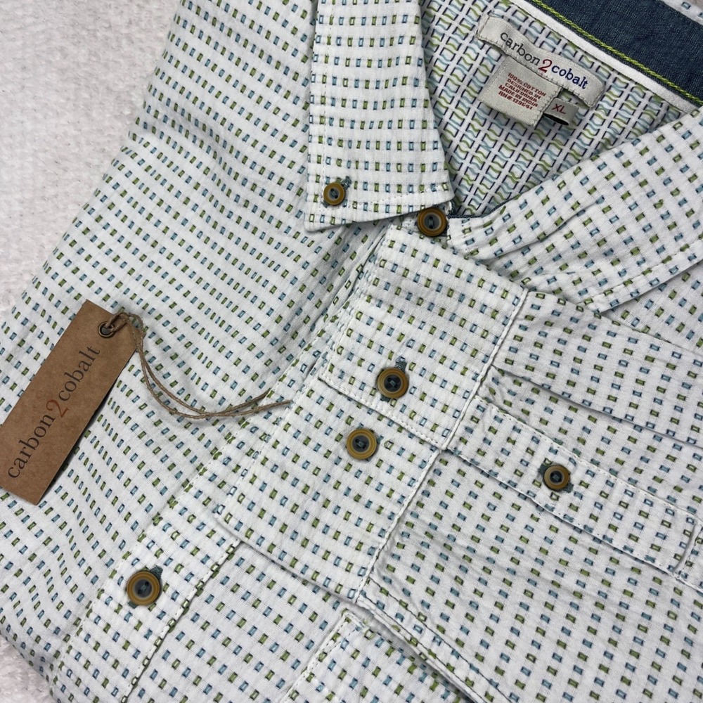 New‎ Carbon 2 Cobalt XL Button Down Shirt White Blue Green Geo Print Long Sleeve
